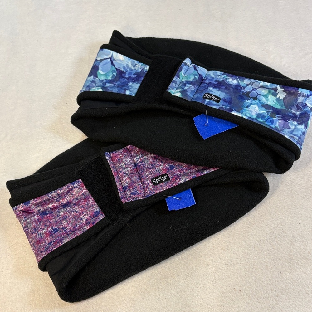 Sprigs Black Fleece Headband with Blue and Purple Patterned Panels
